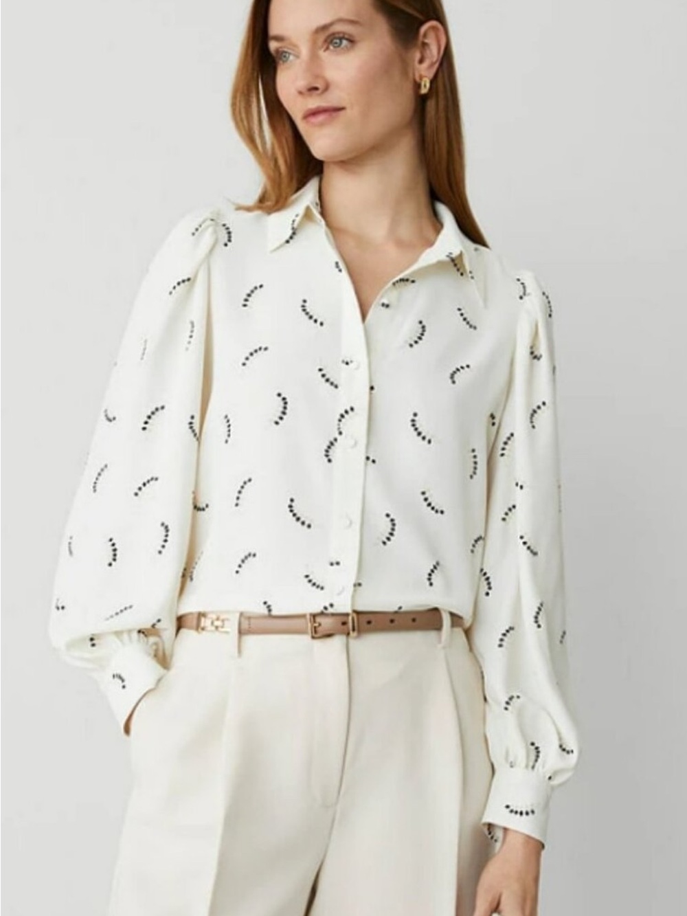 Ann Taylor Ivory Button Down Blouse with Vine Floral Print Black Tan Size S